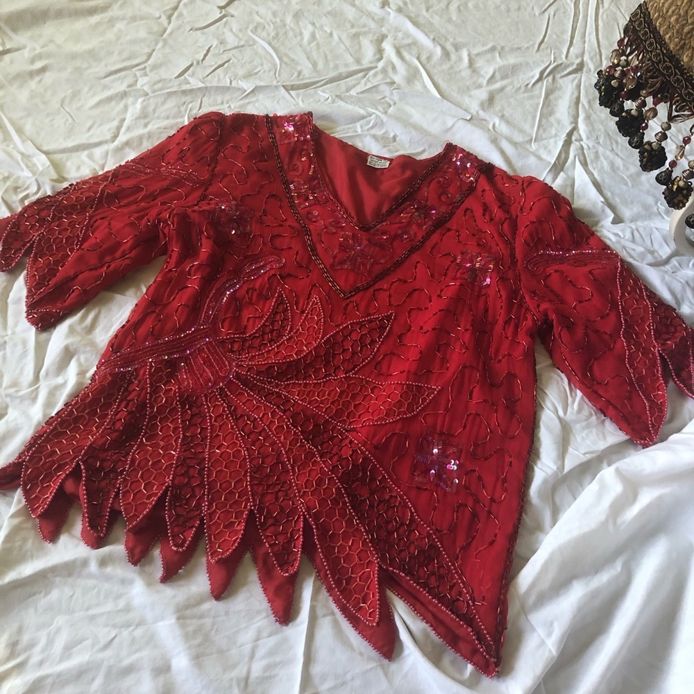 Vintage Silk Beaded Gormal Vneck Blouse Artisan M